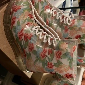Dirty laundry floral chunky gum sole rubber lace up combat rain boots